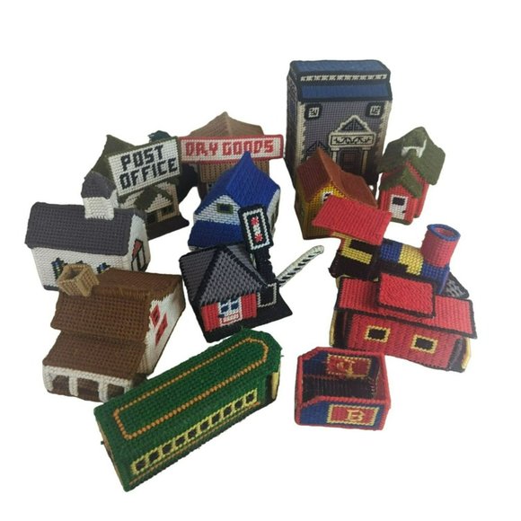 Vintage 1970s Crochet Needlepoint Yarn Village House Train Handmade Lot of 13